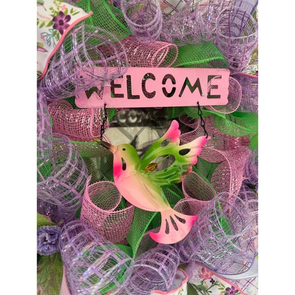 Welcome Hummingbird Mesh Ribbon Spring & Summer Wreath Door Hanger Home Decor - Picture 2 of 8